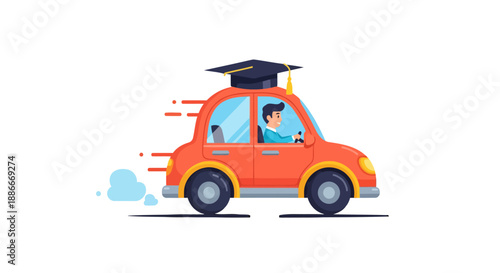 Driving School Graduate in a Red Car with a Mortarboard on Top.