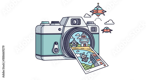 Surreal illustration of a vintage camera printing a travel photo with UFOs.