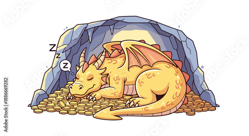 Cartoon golden dragon sleeping peacefully on a pile of treasure coins.