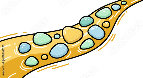 Cartoon illustration of a flowing yellow stream with colorful stones.