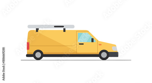 Yellow commercial service van with a ladder on the roof rack.