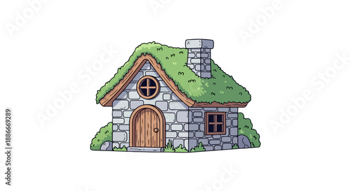 Quaint stone cottage with a green moss roof illustration.