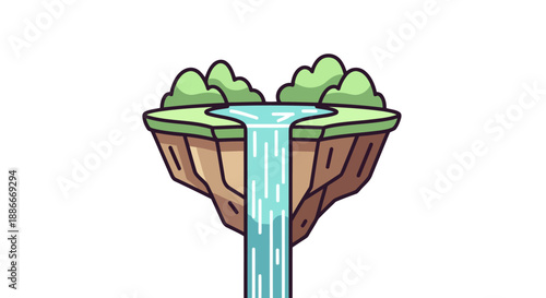 Simple Cartoon Floating Island with a Flowing Waterfall Illustration.