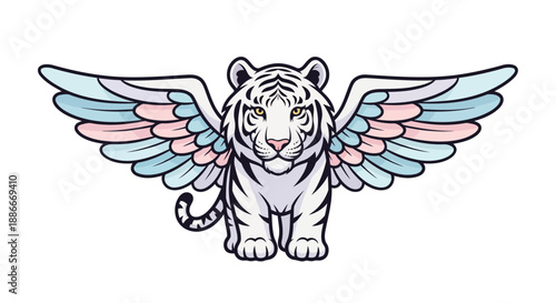 Adorable winged white tiger cub with colorful pastel wings.