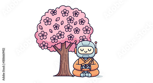 Cute robot monk meditating in lotus position under a blooming sakura tree.