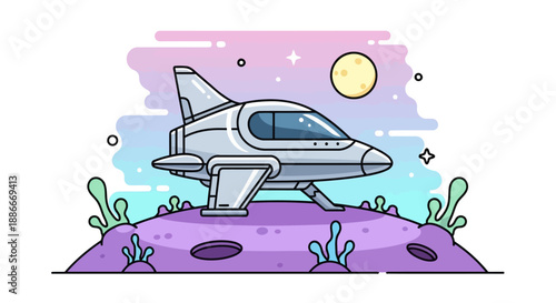 Sleek cartoon spaceship shuttle poised for takeoff.