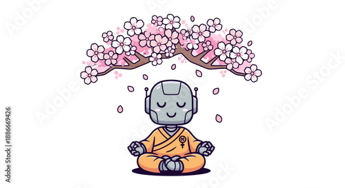 Cute cartoon robot monk meditating peacefully under a cherry blossom branch.