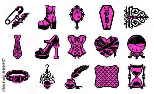 Pink Goth Aesthetic Dark Coquette Flat Vector Asset Sheet for Romantic Creepy Scrapbooking and Alternative Fashion Design