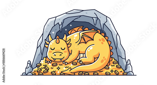 Cute cartoon golden dragon sleeping peacefully on a pile of treasure.