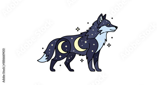 Celestial wolf with a night sky pattern of moons and stars.