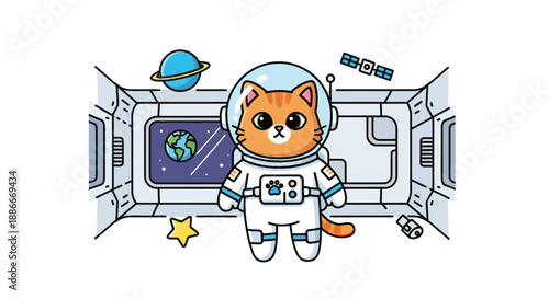 Adorable cartoon ginger cat astronaut in a white spacesuit.