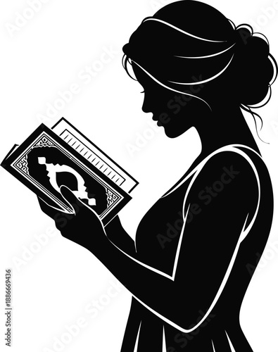woman reading quran silhouette on white background