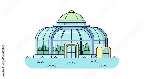 Futuristic Glass Biodome Building Floating on Water Illustration.