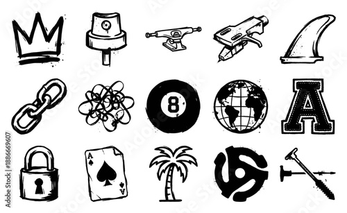 Grungy Hand-Drawn Streetwear Graphics Asset Sheet for Urban Apparel and Underground Culture Branding