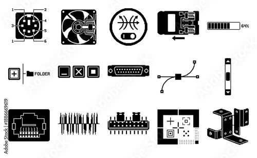Pixelated Retro Hardware and Electronic Components Asset Sheet for Technical UI Design