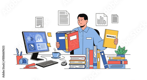 Man Organizing Documents at Desk with Computer.