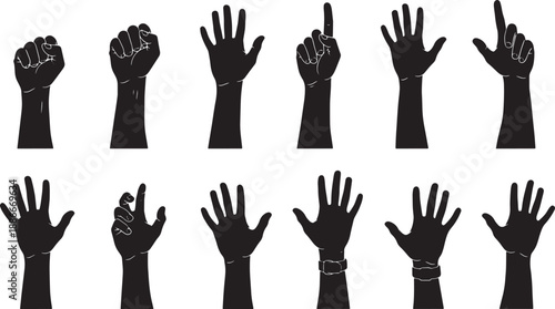 Collection of Dynamic Human Hand Silhouettes Illustrating a Wide Array of Gestures, Signs, and Expressive Poses for Communication