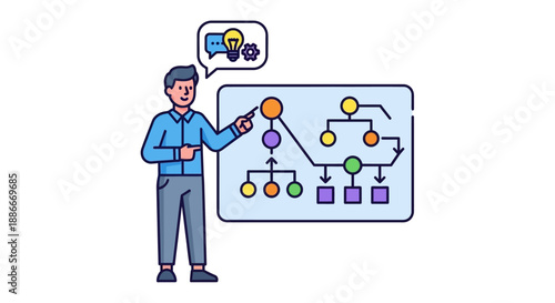 Man presenting a flowchart diagram.