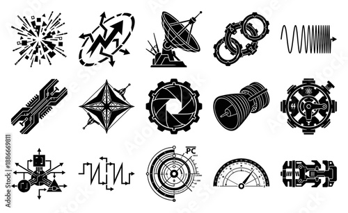 Industrial Sci-Fi Tech Elements Graphic Set for Aerospace Engineering and Futuristic Interface Design