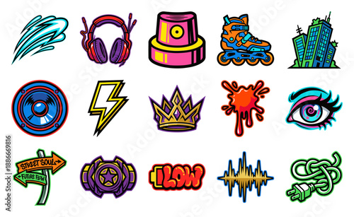 Vibrant Graffiti Streetwear Sticker Element Kit for Urban Lifestyle and Youth Culture Graphic Design