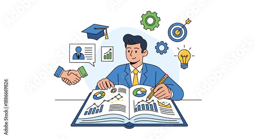 Man Studying with Icons and Symbols.