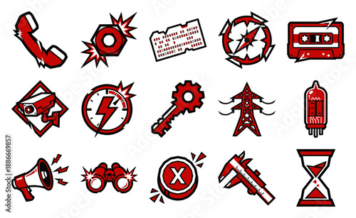 Industrial Grunge Red and Black Vector Icon Set for Post-Apocalyptic Graphic Design and Dystopian Tech Branding