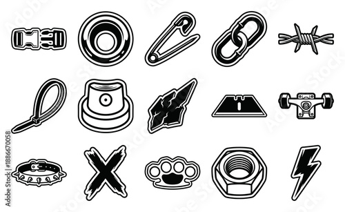 Edgy Punk Culture and Streetwear Graphic Element Kit for Grunge Apparel and Skateboarding Aesthetic Designs