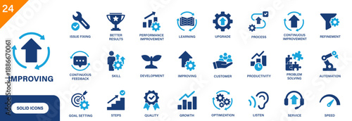 Improvement icon. Including upgrade, productivity, continuous improvement, skill, development. Solid vector icons collection.