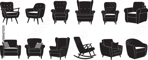 A comprehensive vector collection of diverse armchair silhouettes, showcasing various designs of comfortable seating furniture, perfect for interior design and home decor concepts
