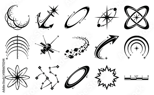 Minimalist Celestial Space Symbols Graphic Element Kit for Retro Futuristic Aerospace Branding