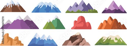Colorful cartoon mountain landscape collection with snowy peaks, rocky hills and forest ranges, flat vector illustration set for nature design, travel concept, game assets and background elements