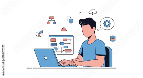 Man working on laptop with icons.