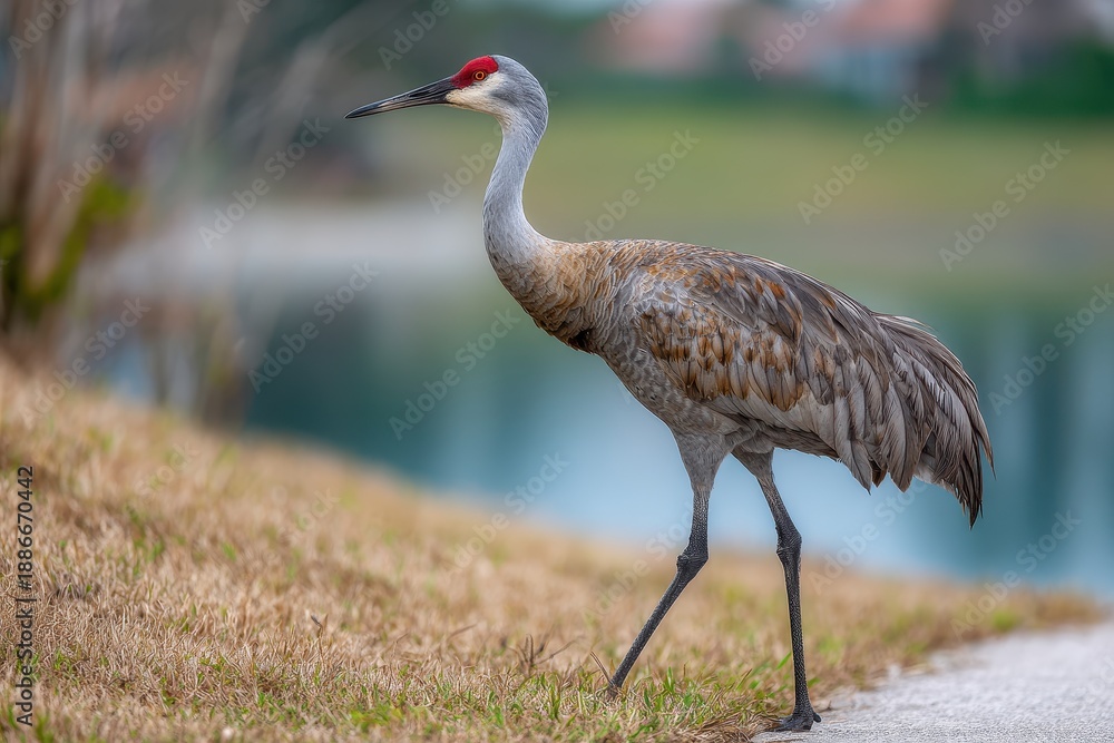 Fototapeta premium Sandhill Crane Grus canadensis strolling in Fort De Soto Park St Petersburg Florida USA