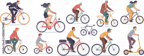 People riding bicycles and electric scooters in city lifestyle scenes, diverse commuters and families, healthy outdoor activity, eco friendly transportation concept