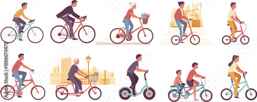 People riding bicycles and electric scooters in urban city scenes, healthy lifestyle transportation concept, colorful flat vector illustration set, eco friendly commuting
