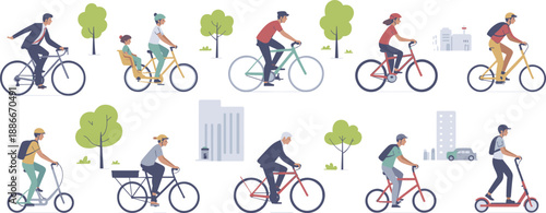 People riding bicycles and scooters in city park and urban streets, healthy lifestyle transportation concept, colorful flat vector illustration set, eco friendly commuting, outdoor activity collection