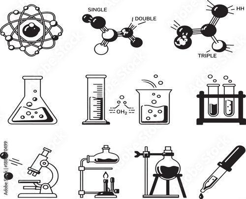 A vintage collection of black science and chemistry icons featuring a doodle sketch design of vector symbols and laboratory equipment in an artful silhouette illustration set.