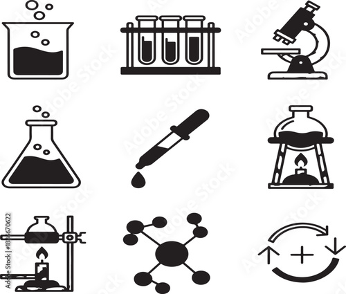A vintage collection of black science and chemistry icons featuring a doodle sketch design of vector symbols and laboratory equipment in an artful silhouette illustration set.
