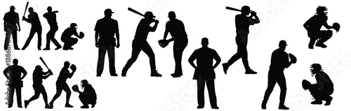 Baseball Player Silhouettes Set, Pitching, Batting, Running, and Catching Poses