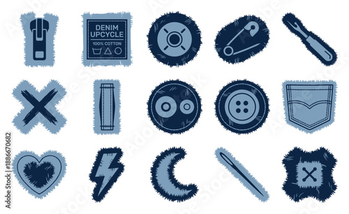 Flat Vector Denim Upcycling Element Kit for Sustainable Fashion Tailoring and Textile Repair Graphic Sets