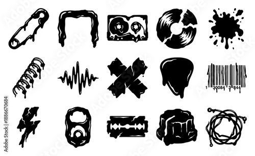 Grungy Melting Punk Rock Graphic Element Kit for Alternative Music and Underground Streetwear Design