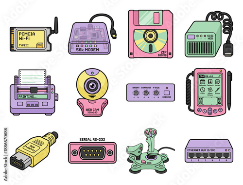 Retro Tech Pastel Vector Illustration Element Kit for Y2K Aesthetic Digital Design Projects