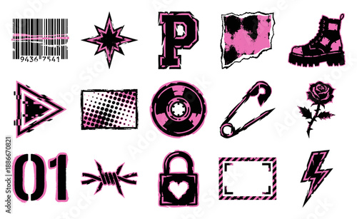 Grungy Cyberpunk Punk Rock Graphic Element Kit for Alternative Streetwear and Digital Scrapbooking Designs