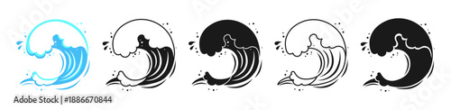 Sea Tsunami wave for logo. Water splashes, flowing abstract ocean linear and silhouette set. Hawaii wave icons graphic dynamic liquid motion modern marine elements and fluid aquatic forms illustration