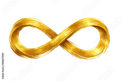 Golden infinity symbol creating endless loop with metallic paint brush stroke, everlasting and limitless concept on transparent background