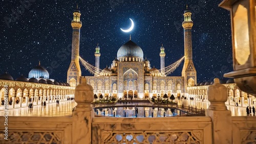 Wallpaper Mural Majestic mosque illuminated at night with crescent moon shining brightly above its grand domes and minarets under starry sky Torontodigital.ca