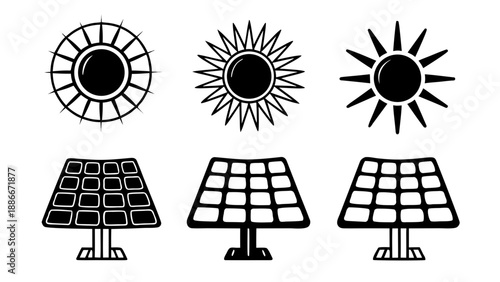 Set of solar panel icons and sun symbols in different styles displayed together