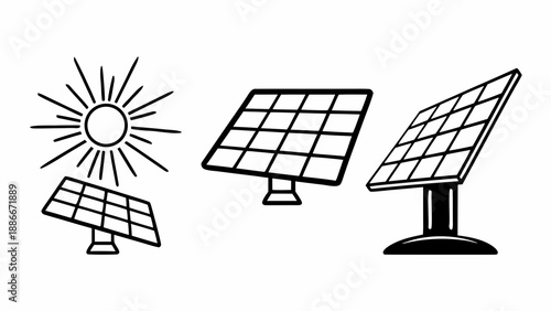 Solar panels illustrated in various orientations and perspectives showcasing renewable energy technology and environmental sustainability.