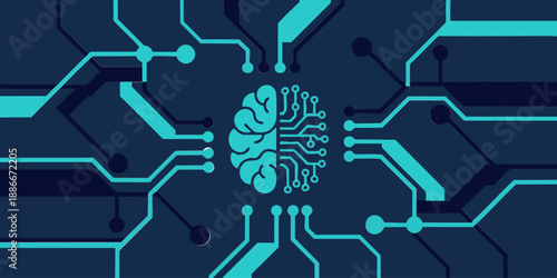 A brain integrated into a circuit board viewed from directly above in a technological setup