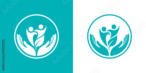 Symbolic illustration of human connection and growth represented by hands and a sprouting plant within a circular frame